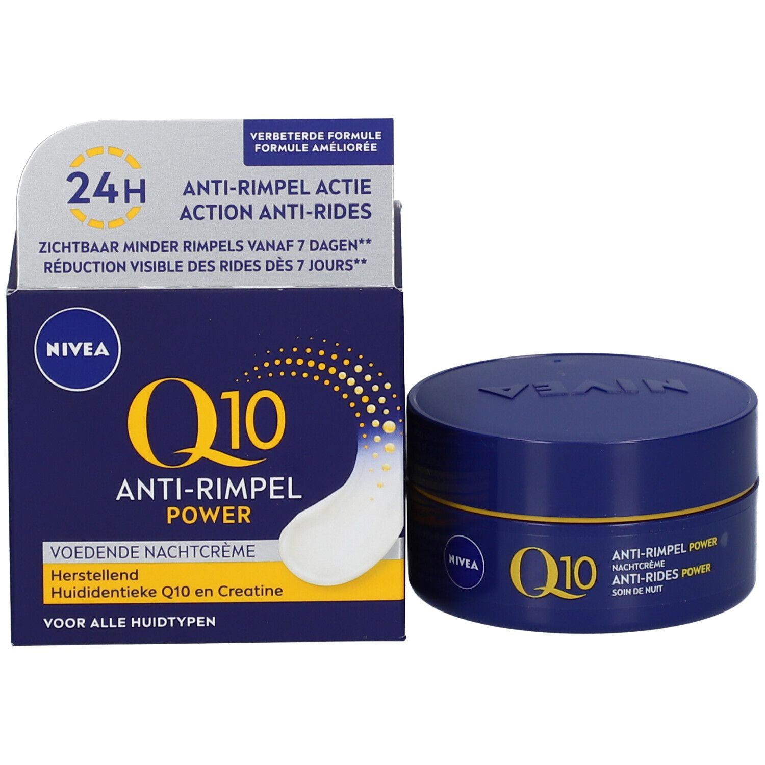 NIVEA Q10 POWER Anti-Falten Nachtcreme mit geöffnetem Karton. Karton zeigt 'Herstellend Q10 en Creatine'.