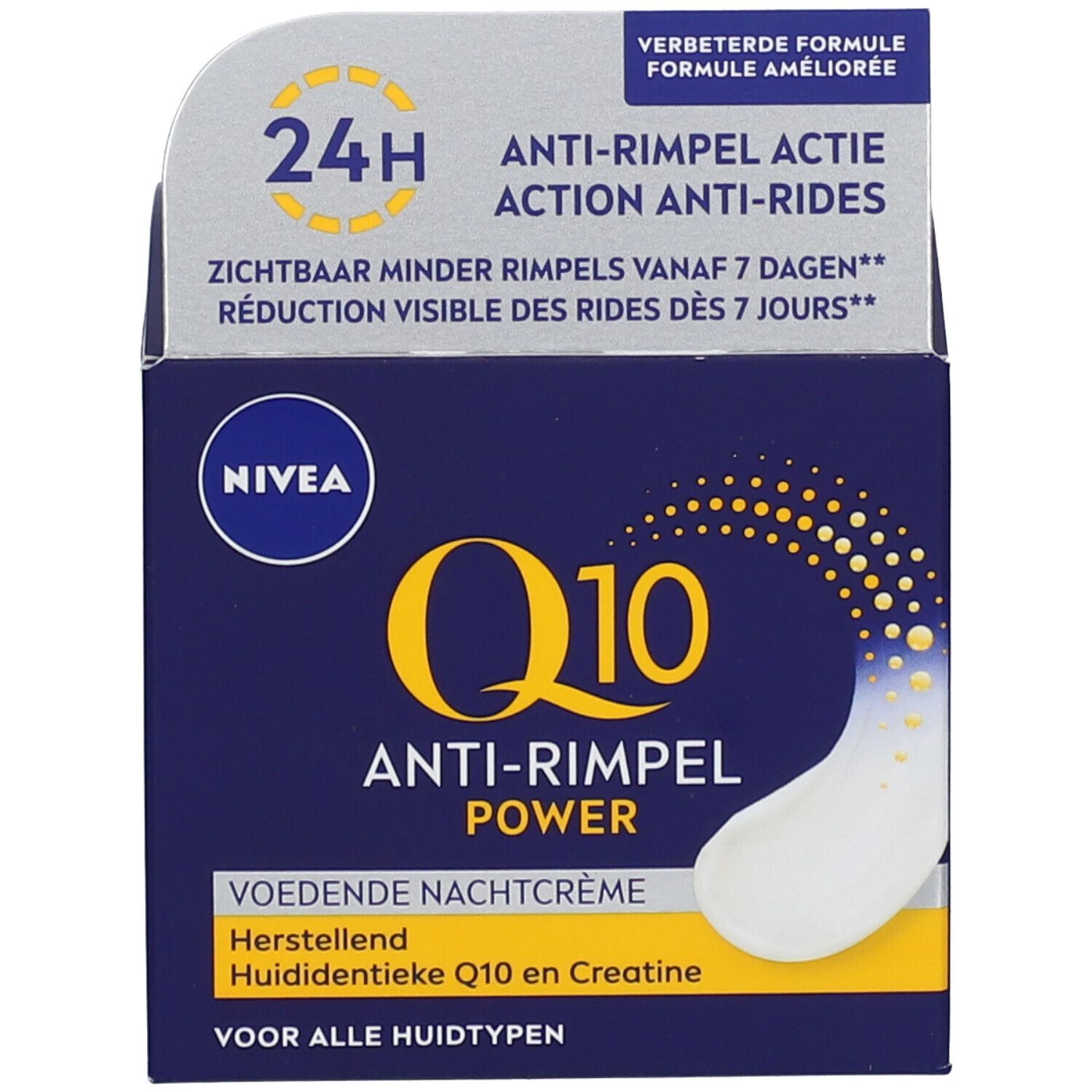 NIVEA Q10 POWER Anti-Falten Nachtcreme mit geöffnetem Karton. Karton zeigt 'Q10 + Creatine + Glycostop'.