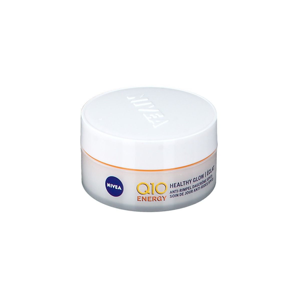 NIVEA Q10 Energy Anti-Falten Tagescreme SPF15 in weißem Tiegel.