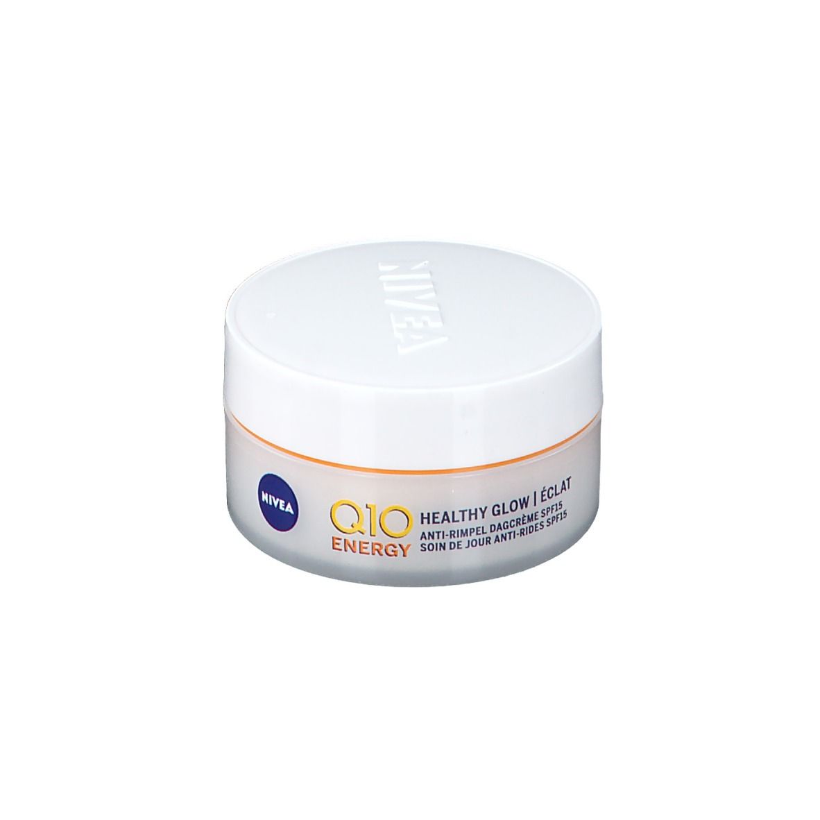 NIVEA Q10 Energy Anti-Falten Tagescreme SPF15 in weißem Tiegel.