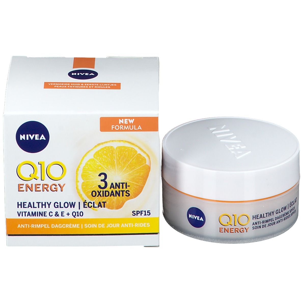 NIVEA Q10 Energy Tagescreme mit Verpackung und Tiegel.