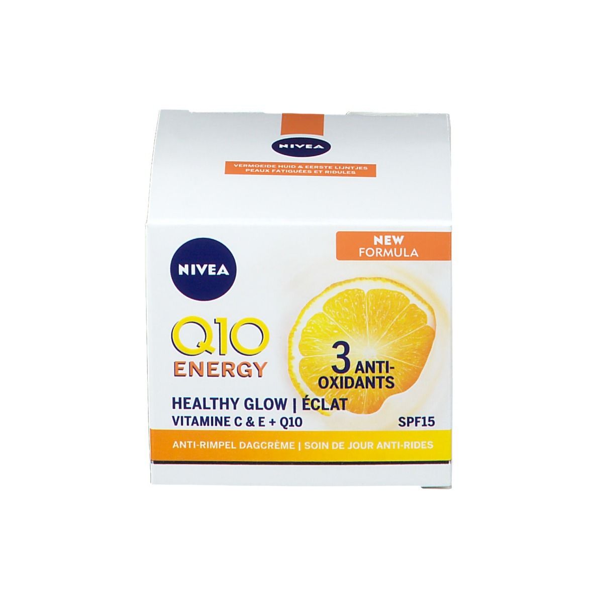 Verpackung NIVEA Q10 Energy mit Orangenscheibe und "New Formula".