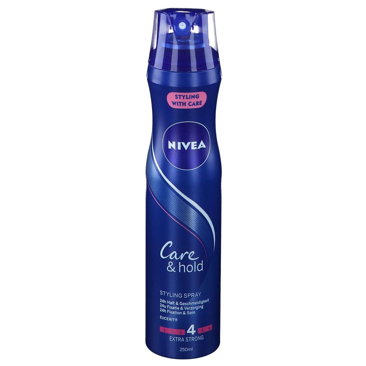 Blaue Sprühflasche mit NIVEA-Logo und Schriftzug "Care & Hold". Extra Strong 4. 250ml.
