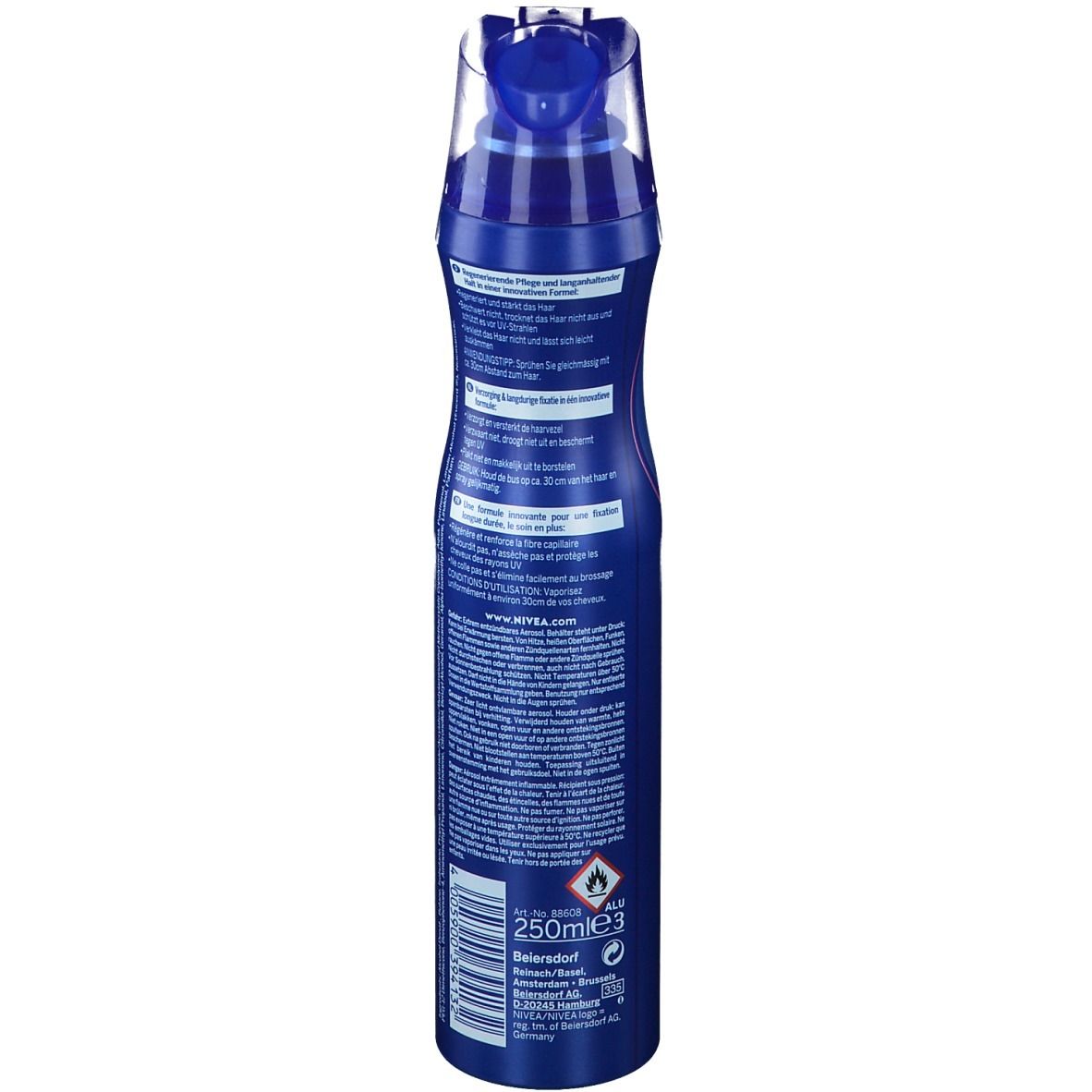 Rückseite der blauen Sprühflasche NIVEA Care & Hold. Text und Logos.
