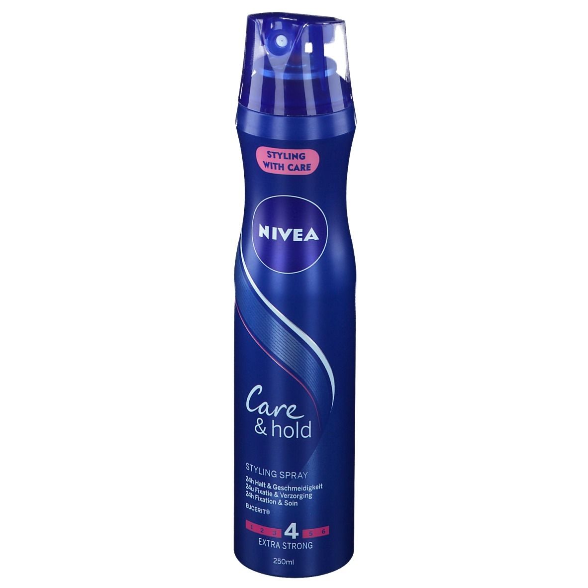 Blaue Sprühflasche NIVEA Care & Hold. Extra Strong 4. 250ml. Frontansicht.
