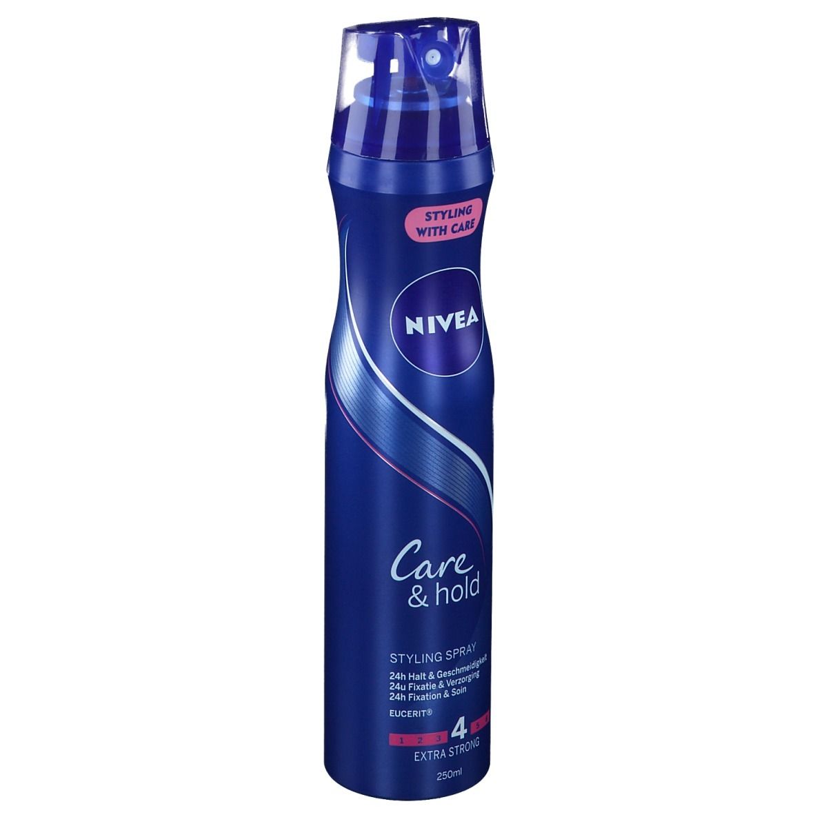 Blaue Sprühflasche NIVEA Care & Hold. Extra Strong 4. 250ml. Frontansicht.