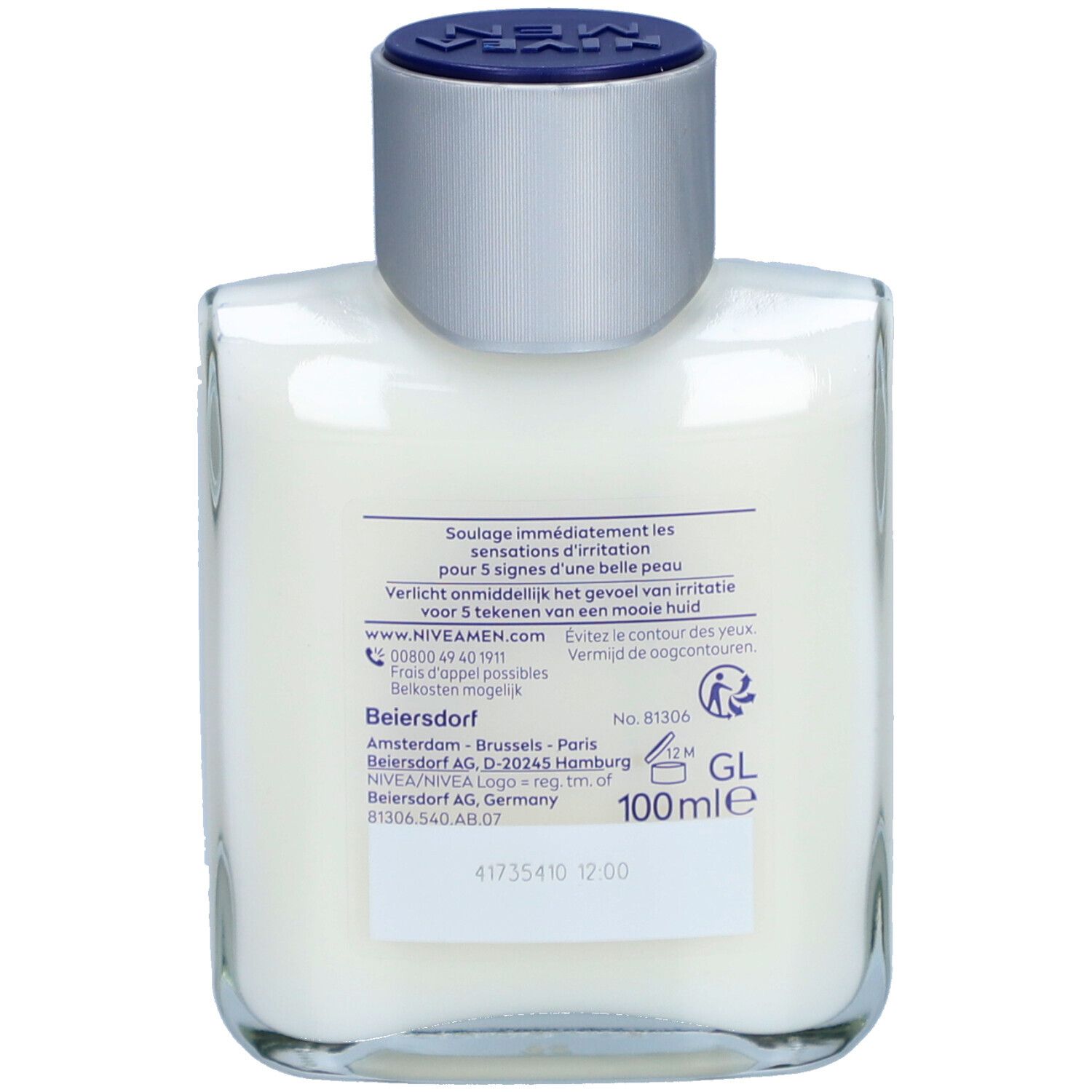 Rückseite der weißen Flasche mit weißem Deckel. Textinformationen und Logo. Aufschrift 100ml e.