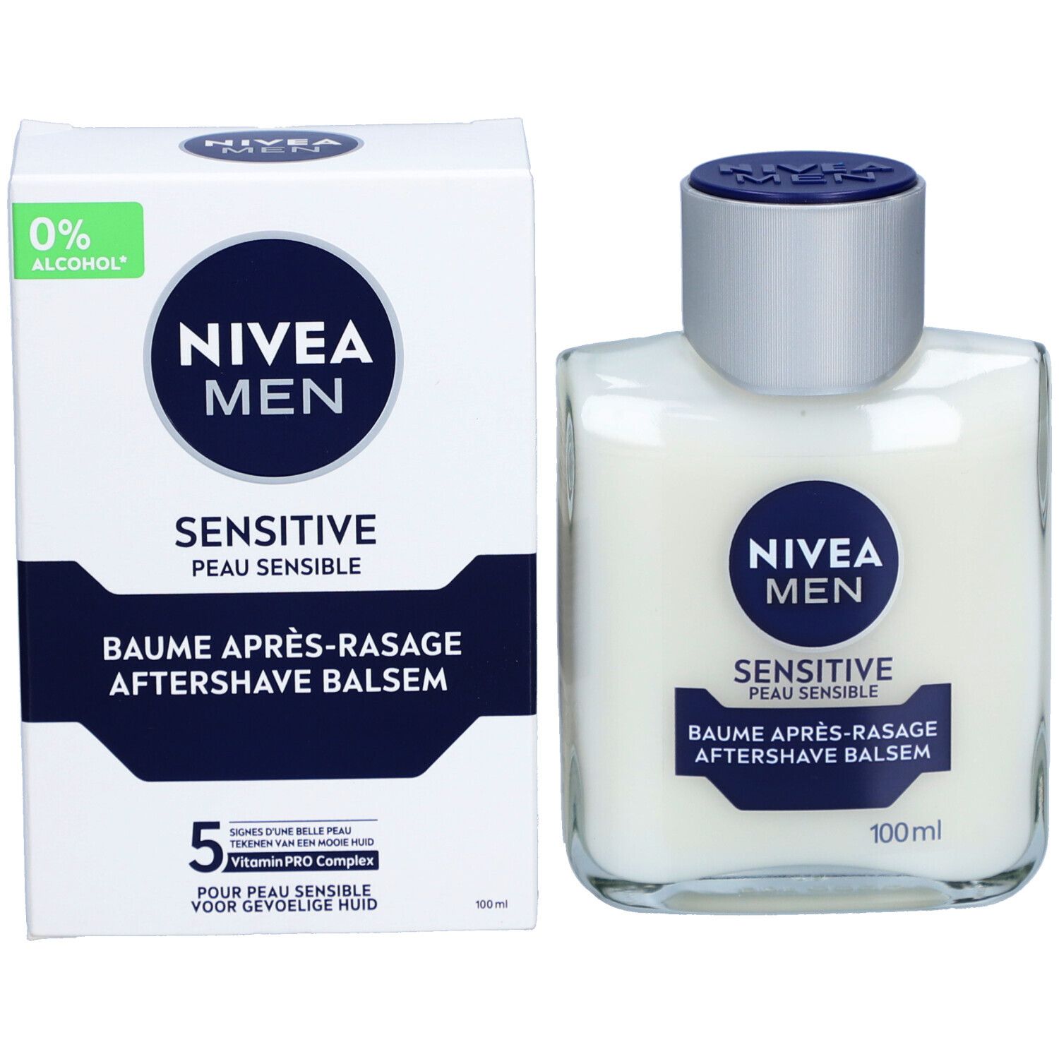 Verpackung. Weißer Karton mit Aufschrift NIVEA MEN, Sensitive, Aftershave/Après-Rasage. 0% Alkohol.