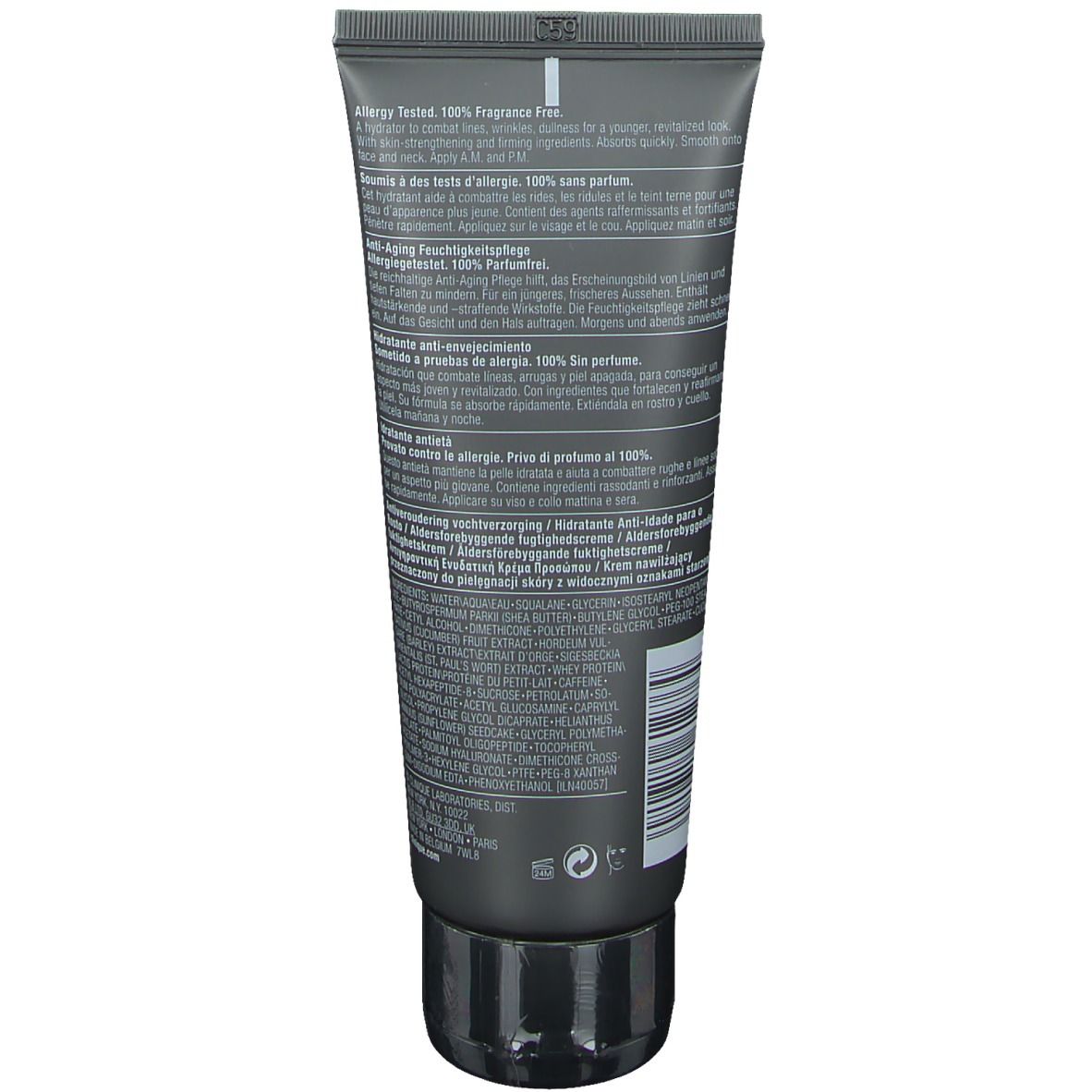 Tube gris foncé. Texte : Testé contre les allergies, 100% sans parfum. Soin hydratant anti-âge. Code-barres.