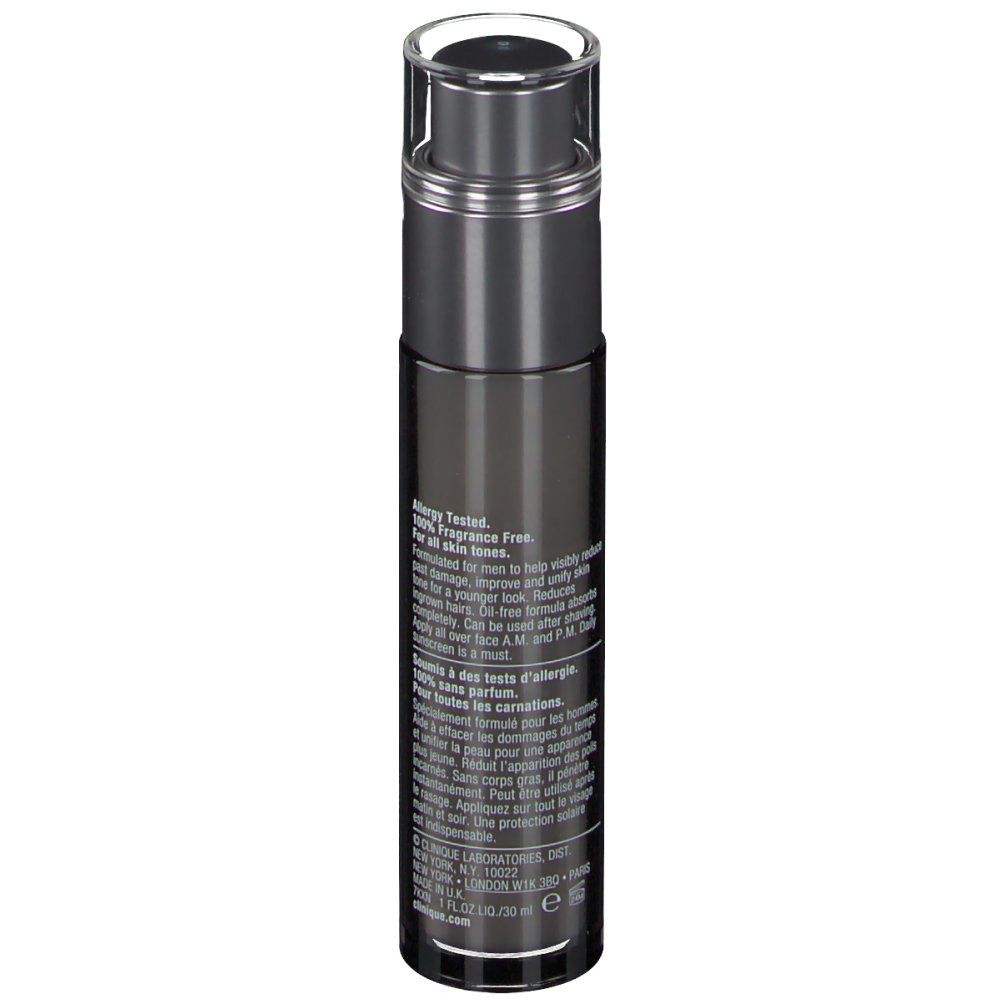 Flacon gris foncé CLINIQUE FOR MEN. Bouchon transparent. Texte sur le côté.