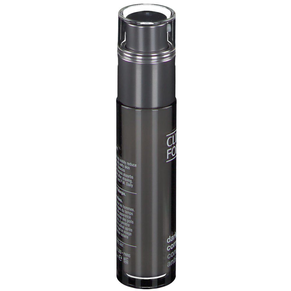Flacon gris foncé CLINIQUE FOR MEN. Bouchon transparent. Texte sur le côté.