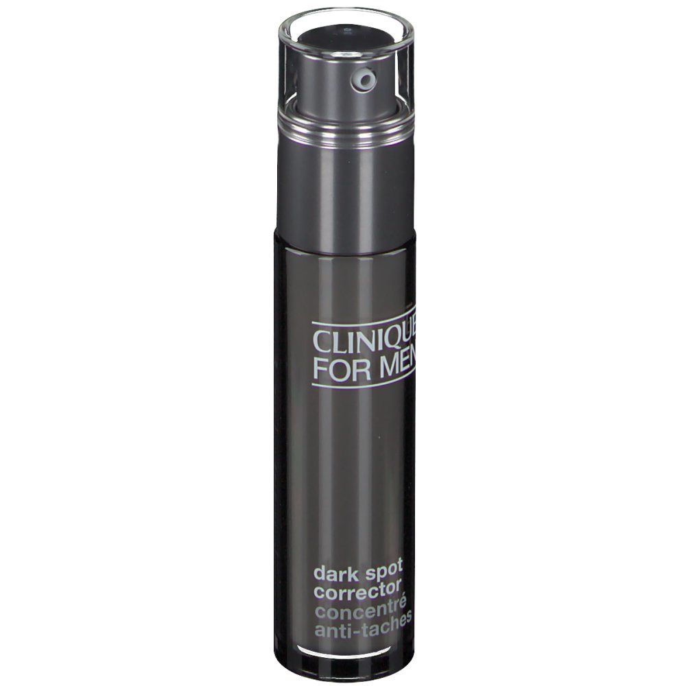 Flacon gris foncé CLINIQUE FOR MEN. Bouchon transparent. Texte sur le côté.