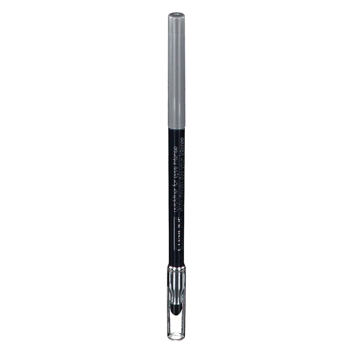 Schwarzer Eyeliner-Stift mit silberner Kappe und transparentem Applikator. Text: CLINIQUE Quickliner for Eyes Intense.