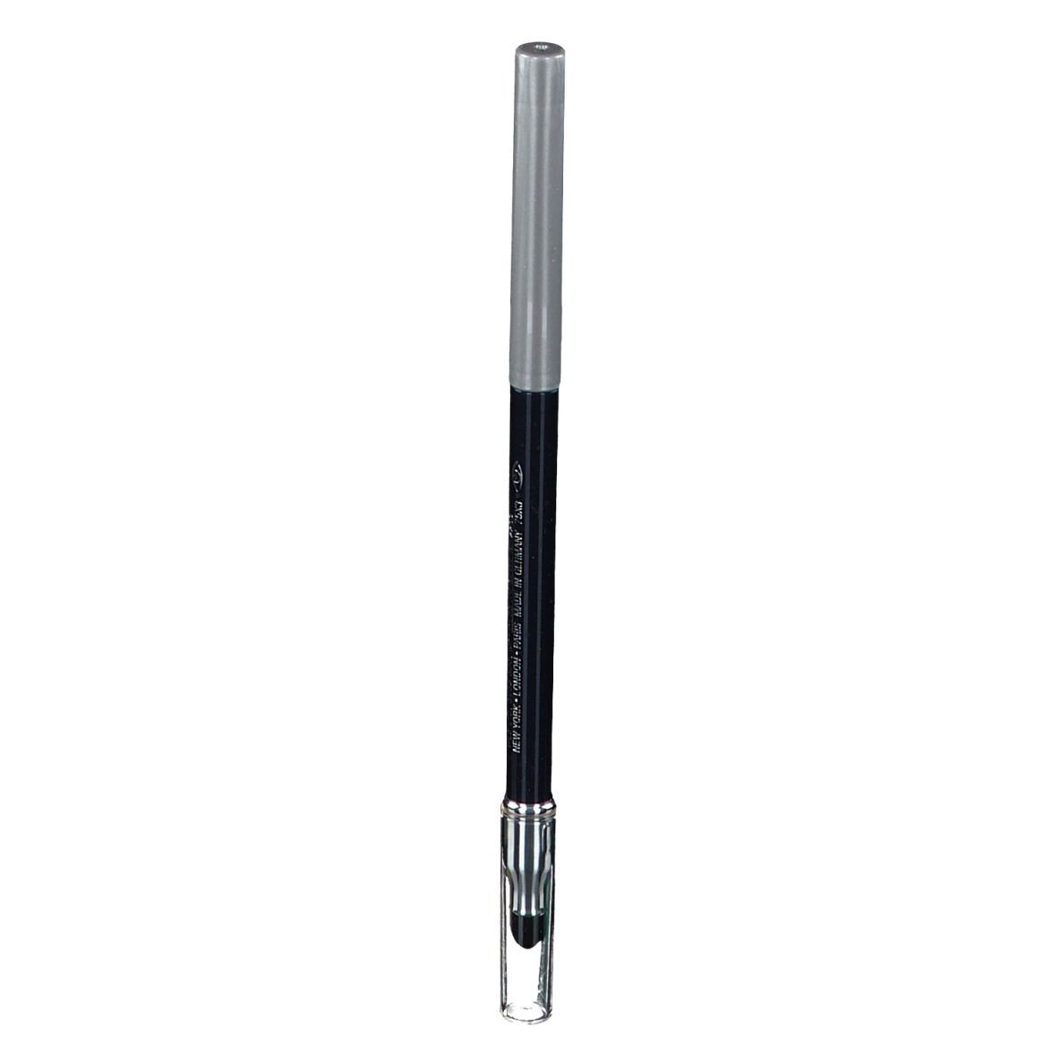 Schwarzer Eyeliner-Stift mit silberner Kappe und transparentem Applikator. Text: CLINIQUE Quickliner for Eyes Intense.