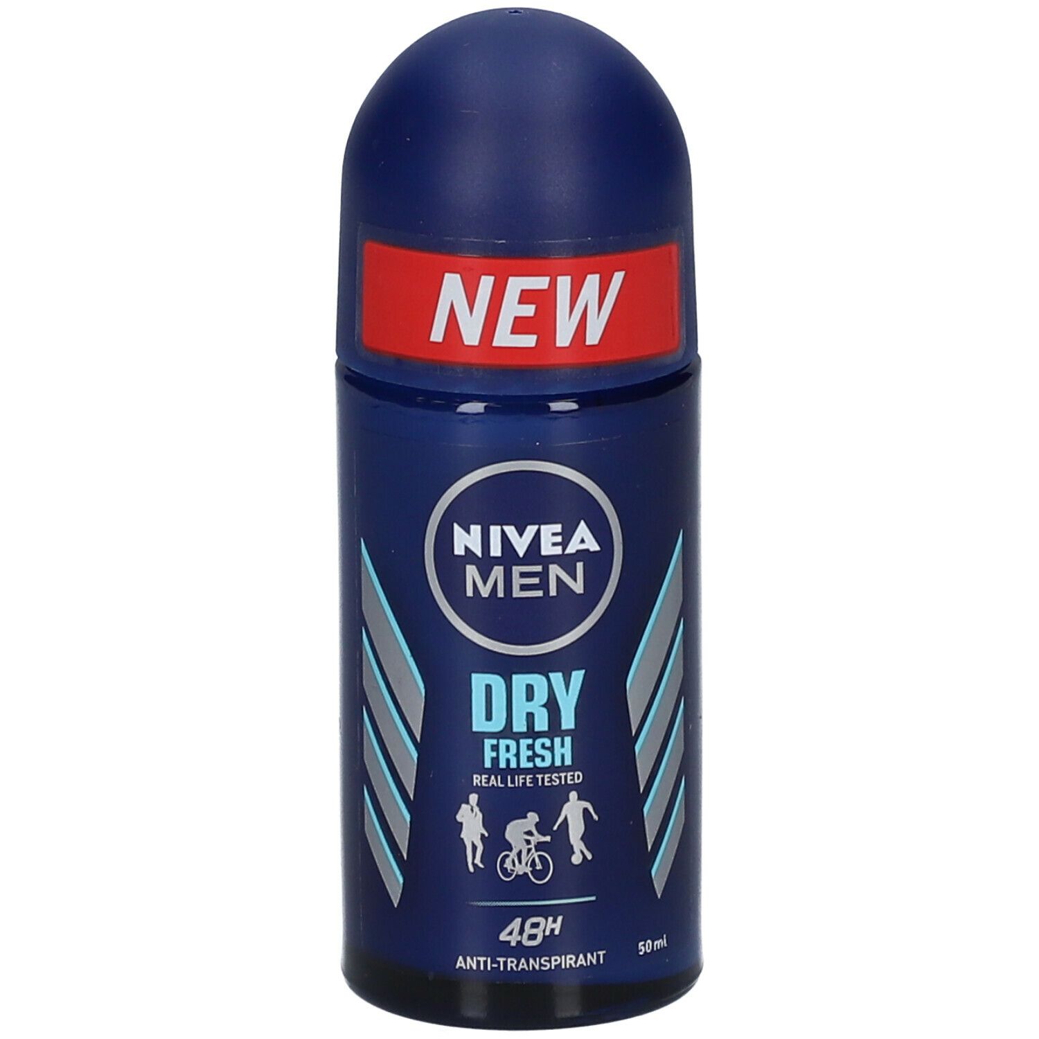 Déodorant roll-on bleu avec texte blanc. Inscription : NIVEA MEN, DRY FRESH, 48H Anti-transpirant. Autocollant rouge "NEW".