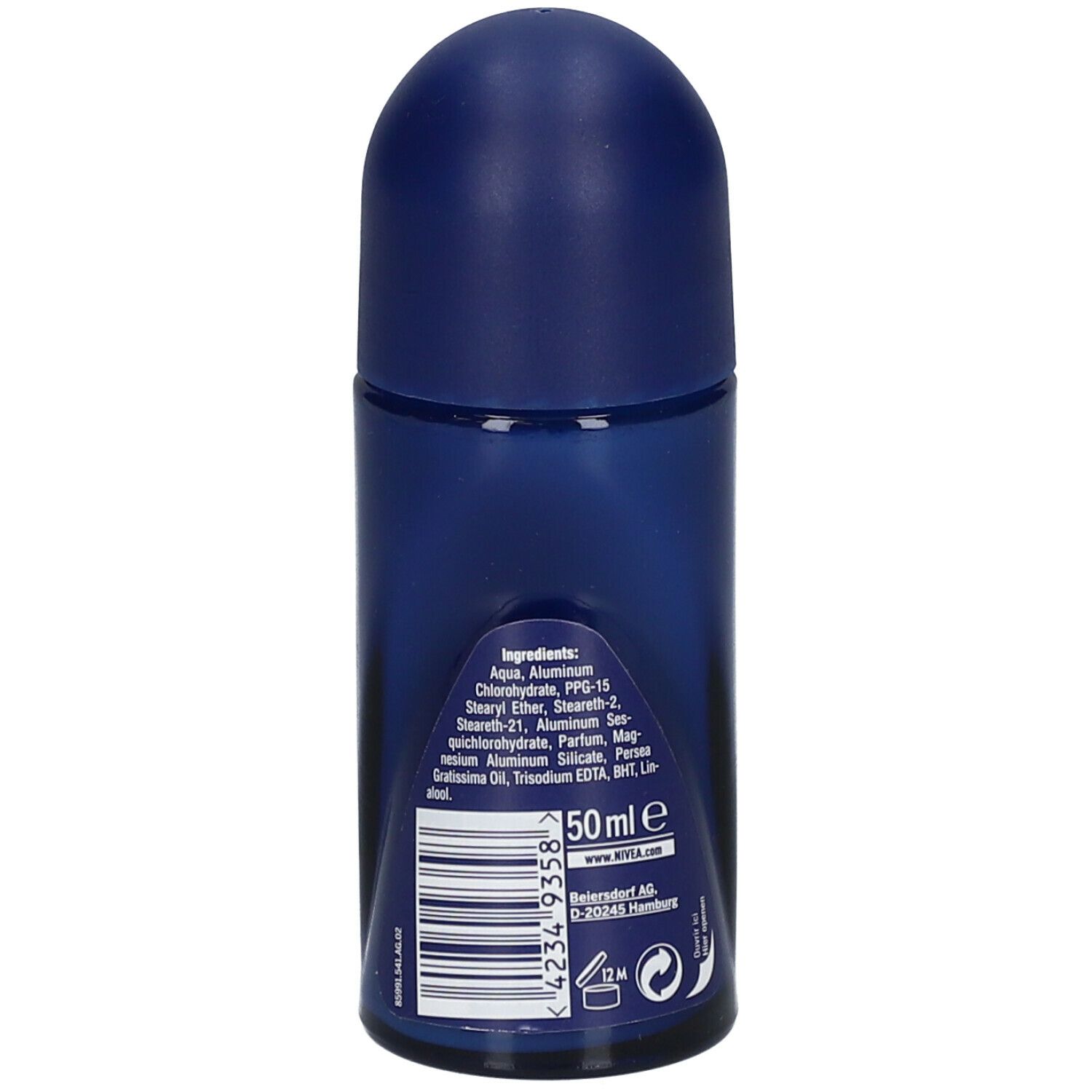 Dos du déodorant roll-on bleu. Contient des ingrédients et un code-barres. Inscription : 50 ml.
