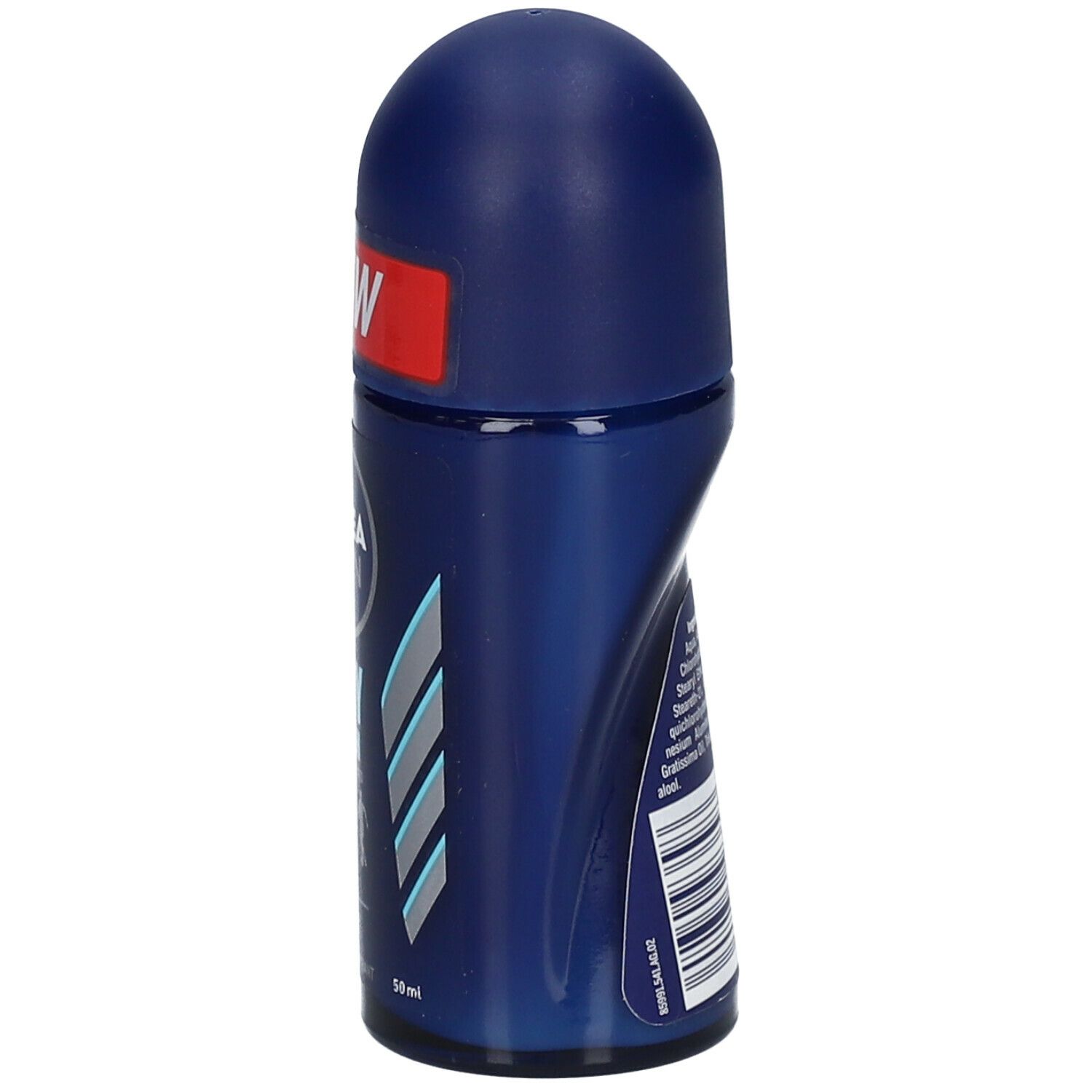 Déodorant roll-on bleu, vue latérale. Inscription : NIVEA MEN, DRY FRESH. Bandes bleues et argentées. Autocollant rouge "NEW".