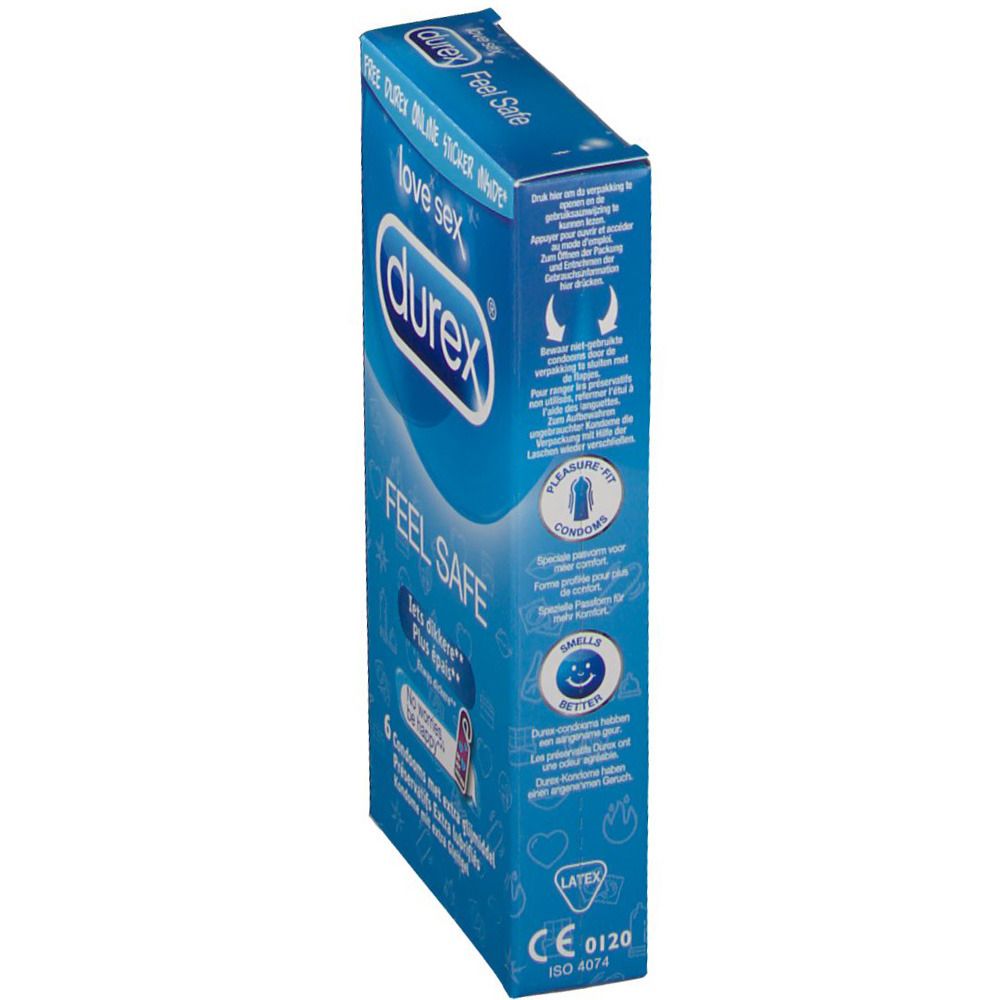 Blaue Durex-Verpackung, Seitenansicht. "Feel Safe" und "love sex" Schriftzug. Enthält 6 Kondome. CE-Kennzeichnung.