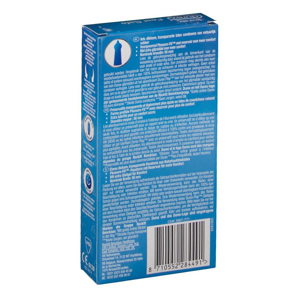 Rückseite der blauen Durex-Verpackung. Text in mehreren Sprachen. Enthält Informationen zu den Kondomen und CE-Kennzeichnung.