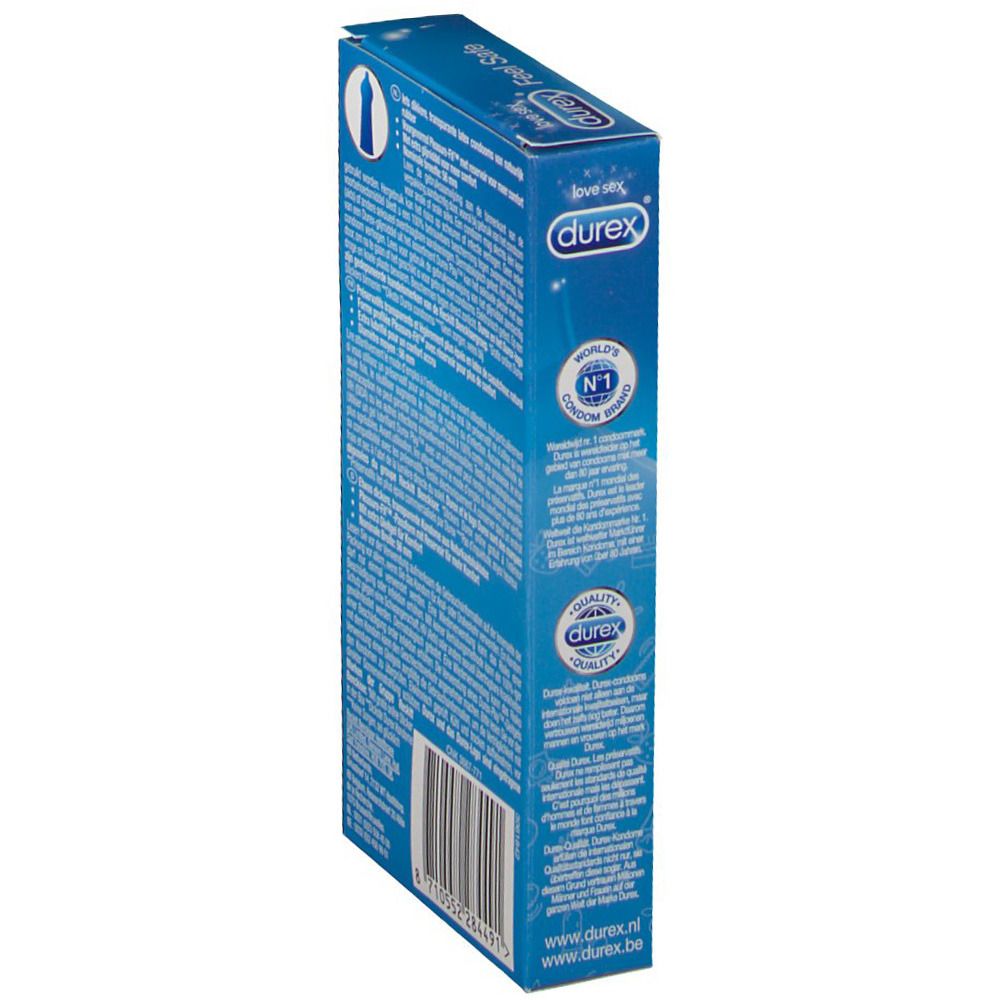 Blaue Durex-Verpackung, Seitenansicht. Text und Barcode. Enthält Informationen zu den Kondomen und CE-Kennzeichnung.