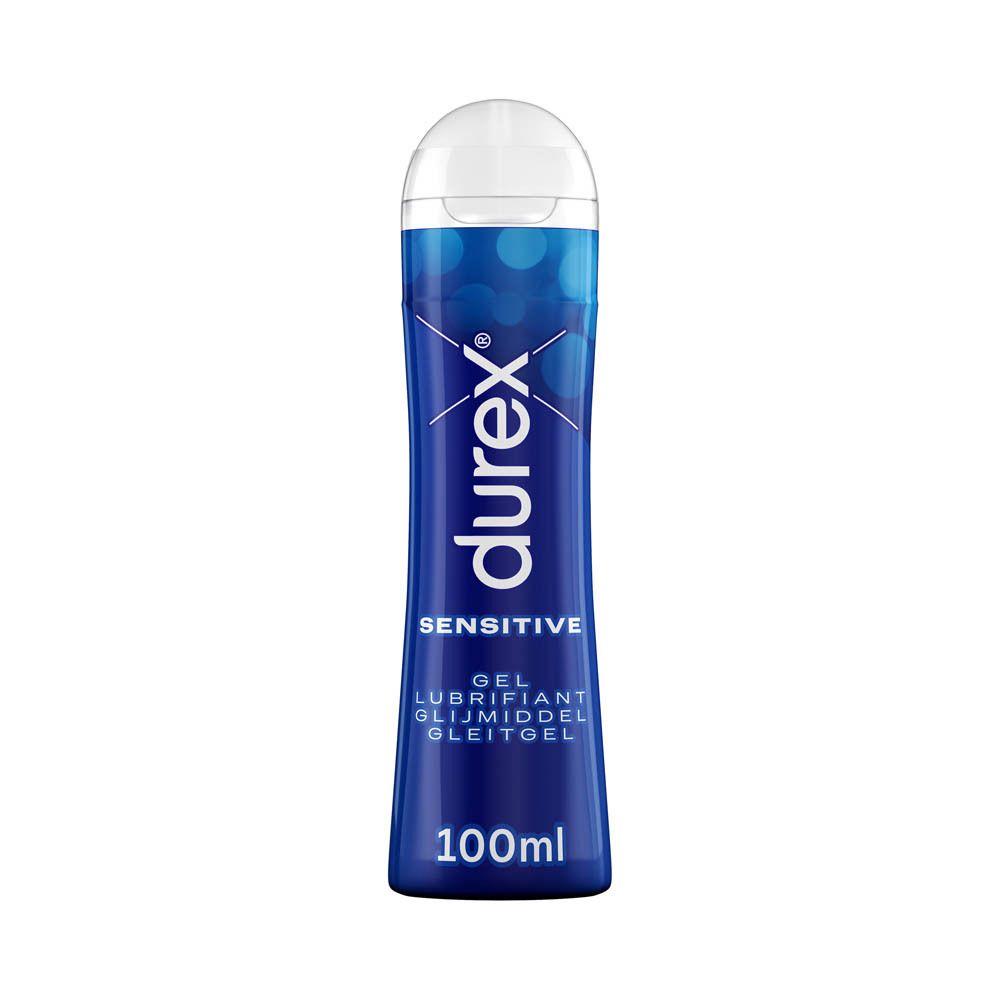 Blaue Flasche. Aufschrift: Durex Play Sensitive. Gel für mehr Spass.