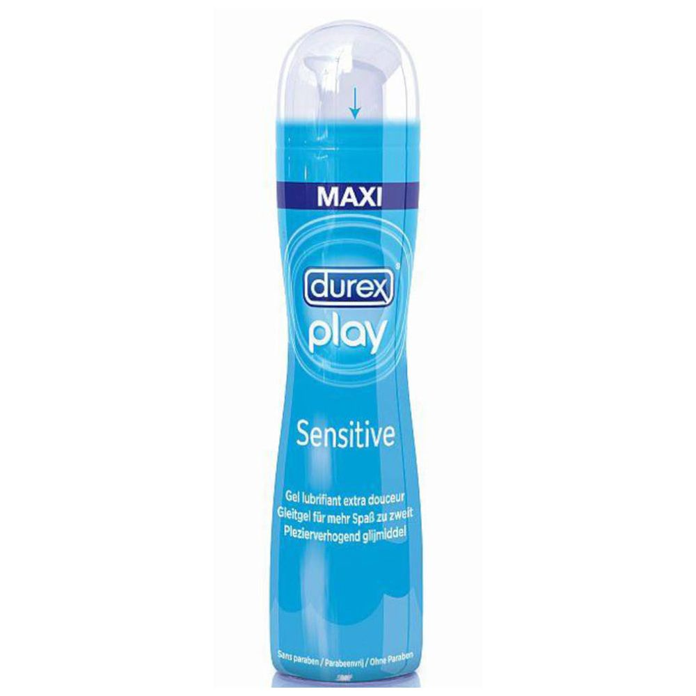 Blau-transparente Flasche mit weißem Deckel. Aufschrift: durex play Sensitive Gel. Mit Pfeil-Symbol.