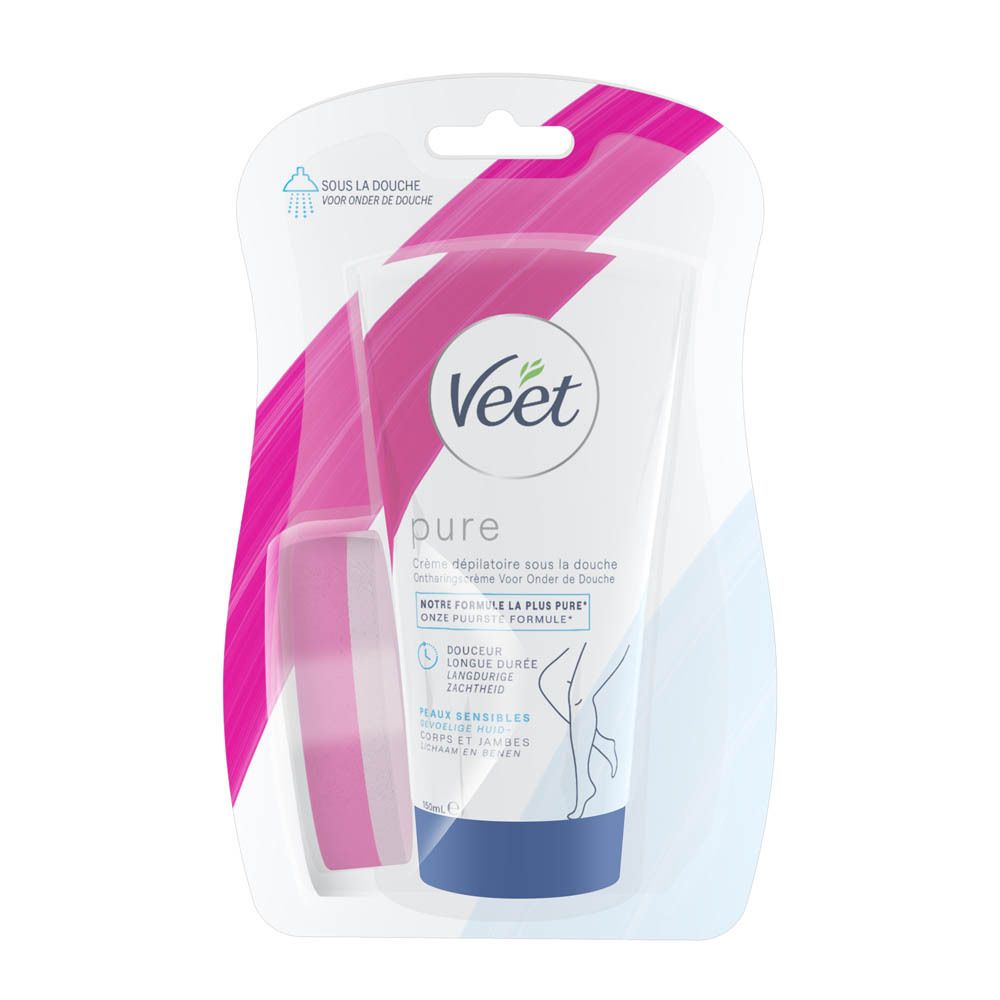 Veet Pure Dusch-Haarentfernungscreme, Tube und Schwamm in Verpackung. Rosa und weiße Farbgebung.