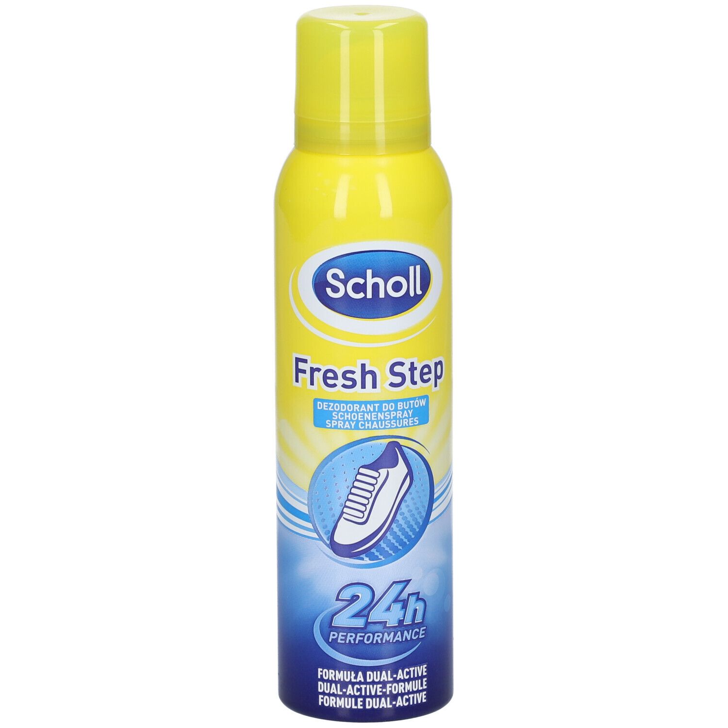 Gelbe Sprühdose mit gelbem Deckel. Aufschrift Scholl Fresh Step. Schuh-Deo. 24h Performance. Blauer Hintergrund mit Schuh-Symbol.