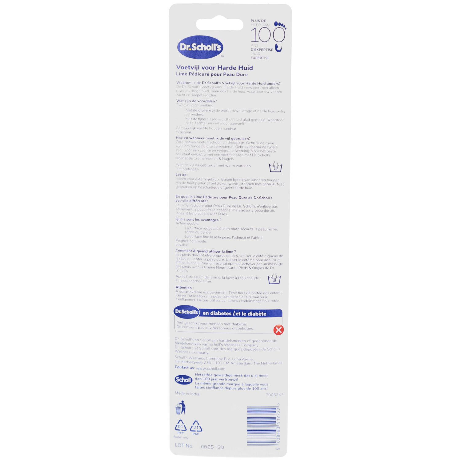 Rückseite der Verpackung. Text und Informationen zur Hornhautfeile. Marke Scholl. Mehrere Sprachen.