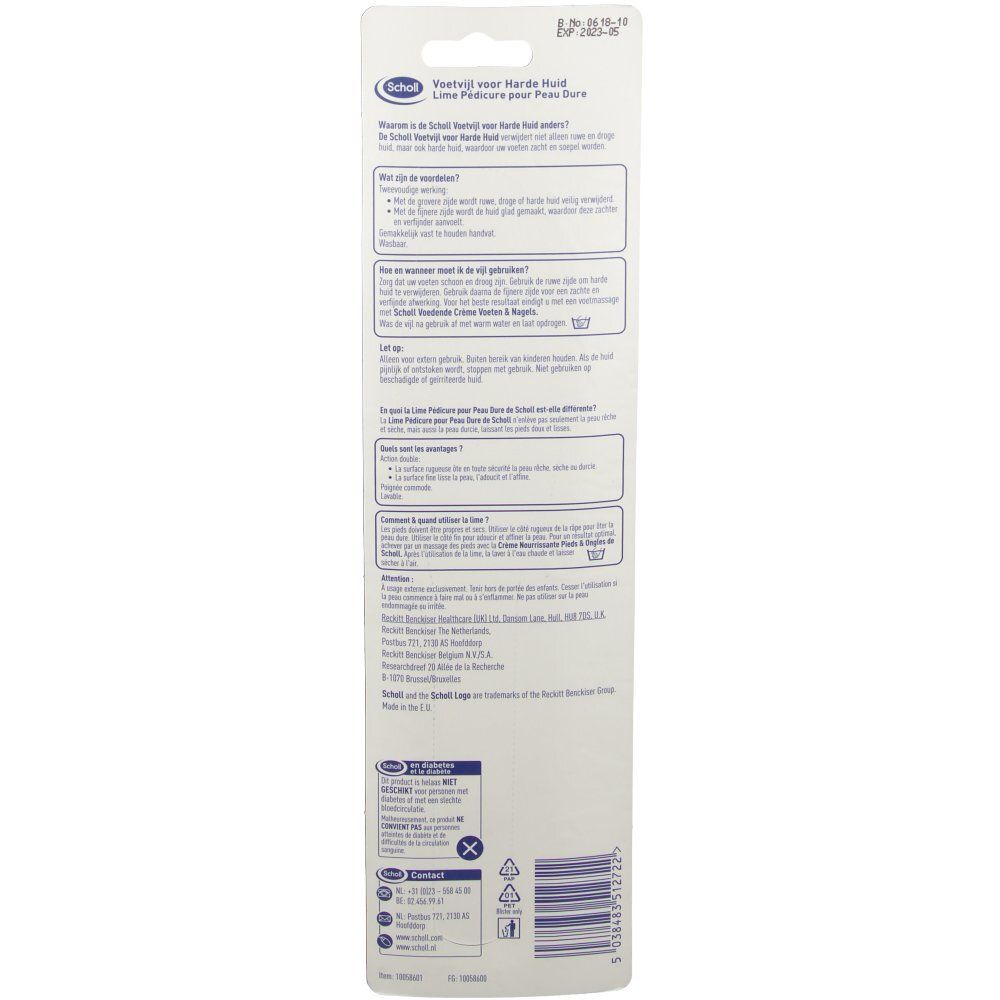 Rückseite der Verpackung. Text und Informationen zur Hornhautfeile. Marke Scholl. Mehrere Sprachen.