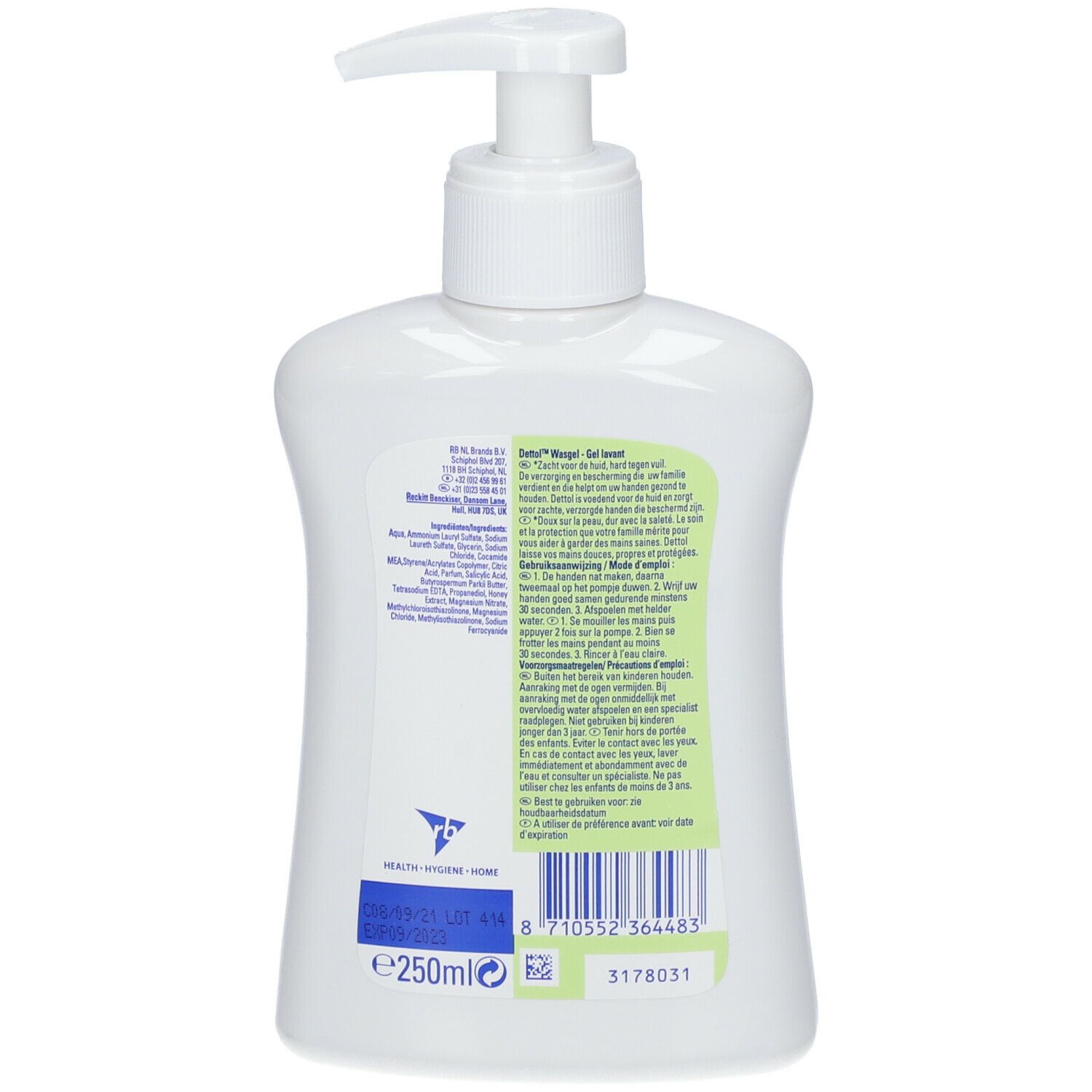 Weißer Spender mit Pumpe. Aufkleber mit Text und Barcode. Unten links: 250ml. Aufkleber mit grüner Schrift.