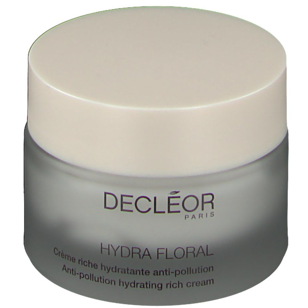 Creme-Tiegel mit Deckel. Aufschrift: DECLÉOR PARIS, HYDRA FLORAL. Englischer Text: Anti-pollution hydrating rich cream.