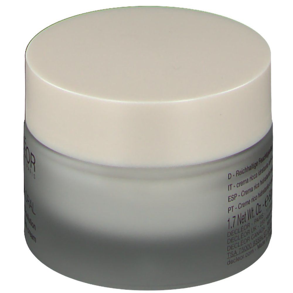 Creme-Tiegel mit Deckel. Aufschrift: DECLÉOR. Text: Reichhaltige Feuchtigkeitspflege, 1.7 Net Wt. Oz. e 50 ml.