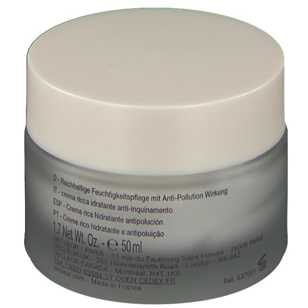Creme-Tiegel mit Deckel. Aufschrift: Reichhaltige Feuchtigkeitspflege mit Anti-Pollution Wirkung. 1.7 Net Wt. Oz. e 50 ml.