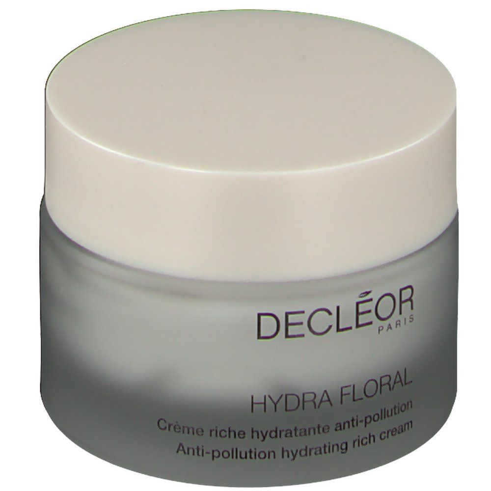 Creme-Tiegel mit Deckel. Aufschrift: DECLÉOR PARIS, HYDRA FLORAL. Englischer Text: Anti-pollution hydrating rich cream.