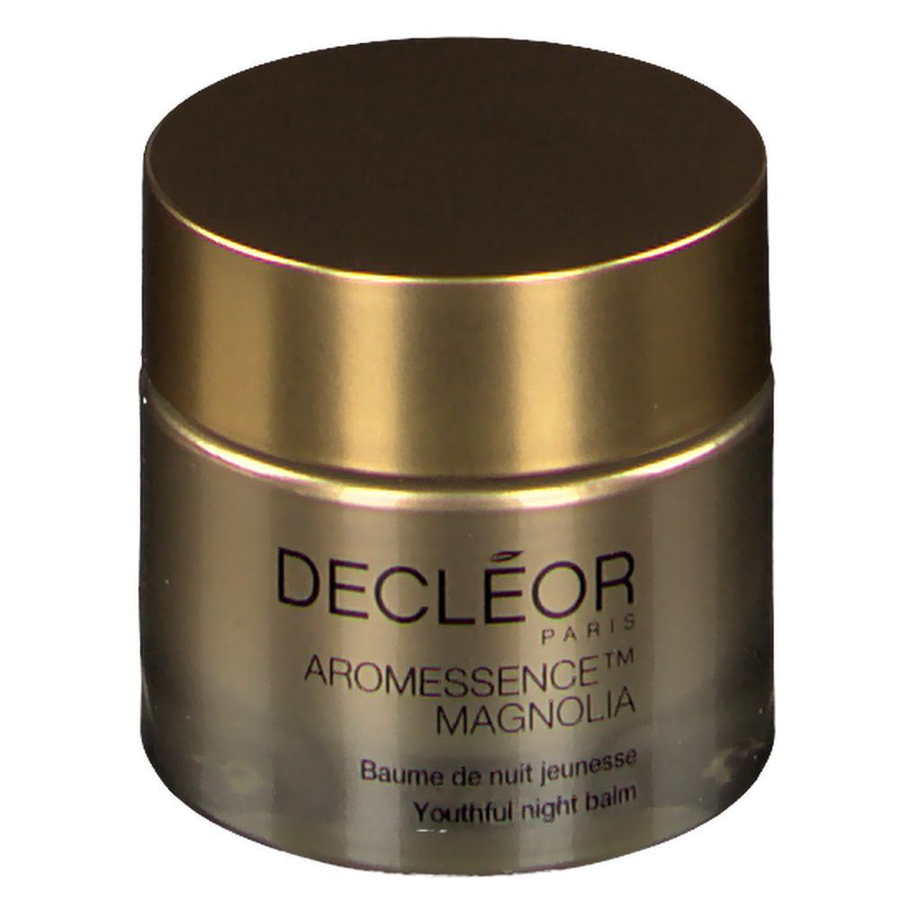 Runder Tiegel mit goldfarbenem Deckel. Aufschrift: DECLÉOR PARIS, Aromessence Magnolia, Baume de nuit jeunesse, Youthful night balm.