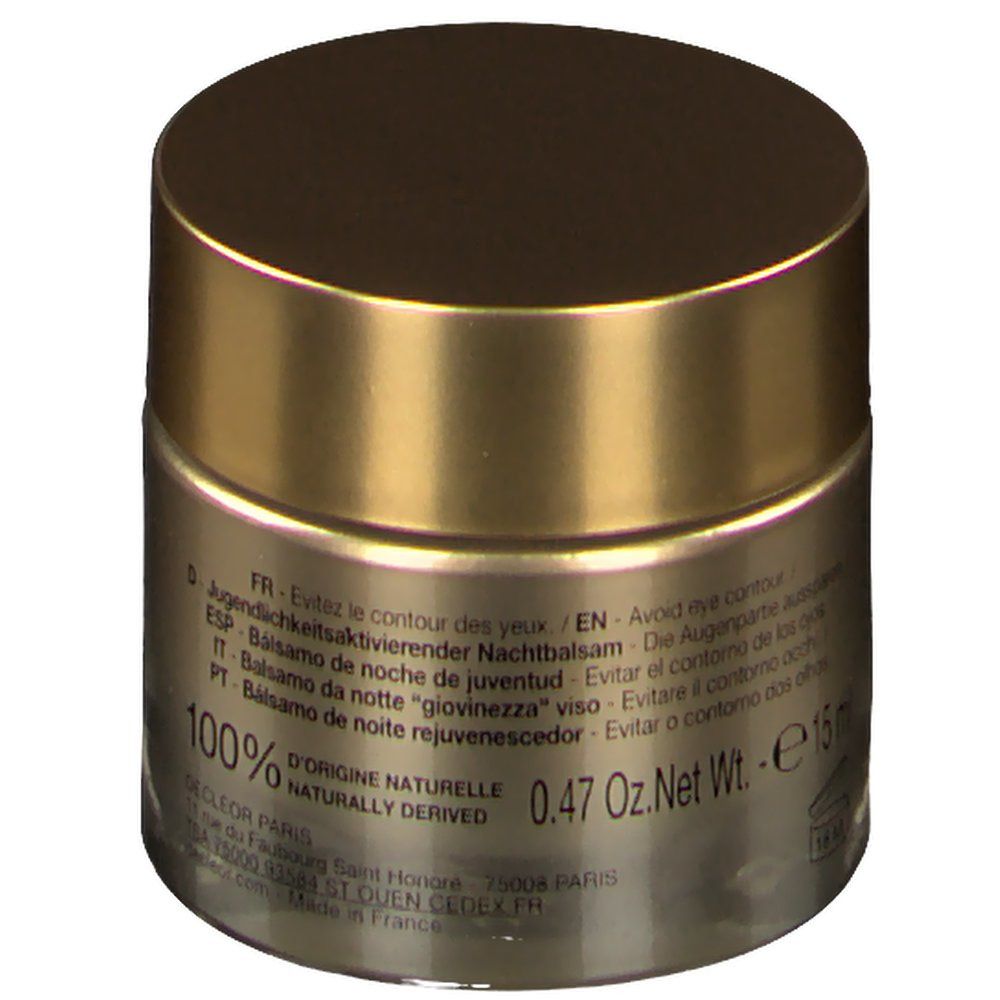 Runder Tiegel mit goldfarbenem Deckel. Aufschrift: 100% d'origine naturelle, 0.47 Oz Net Wt. - e15 ml. Text in mehreren Sprachen.