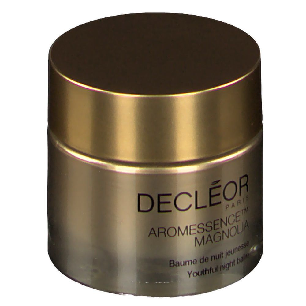 Runder Tiegel mit goldfarbenem Deckel. Aufschrift: DECLÉOR PARIS, Aromessence Magnolia, Baume de nuit jeunesse, Youthful night balm.