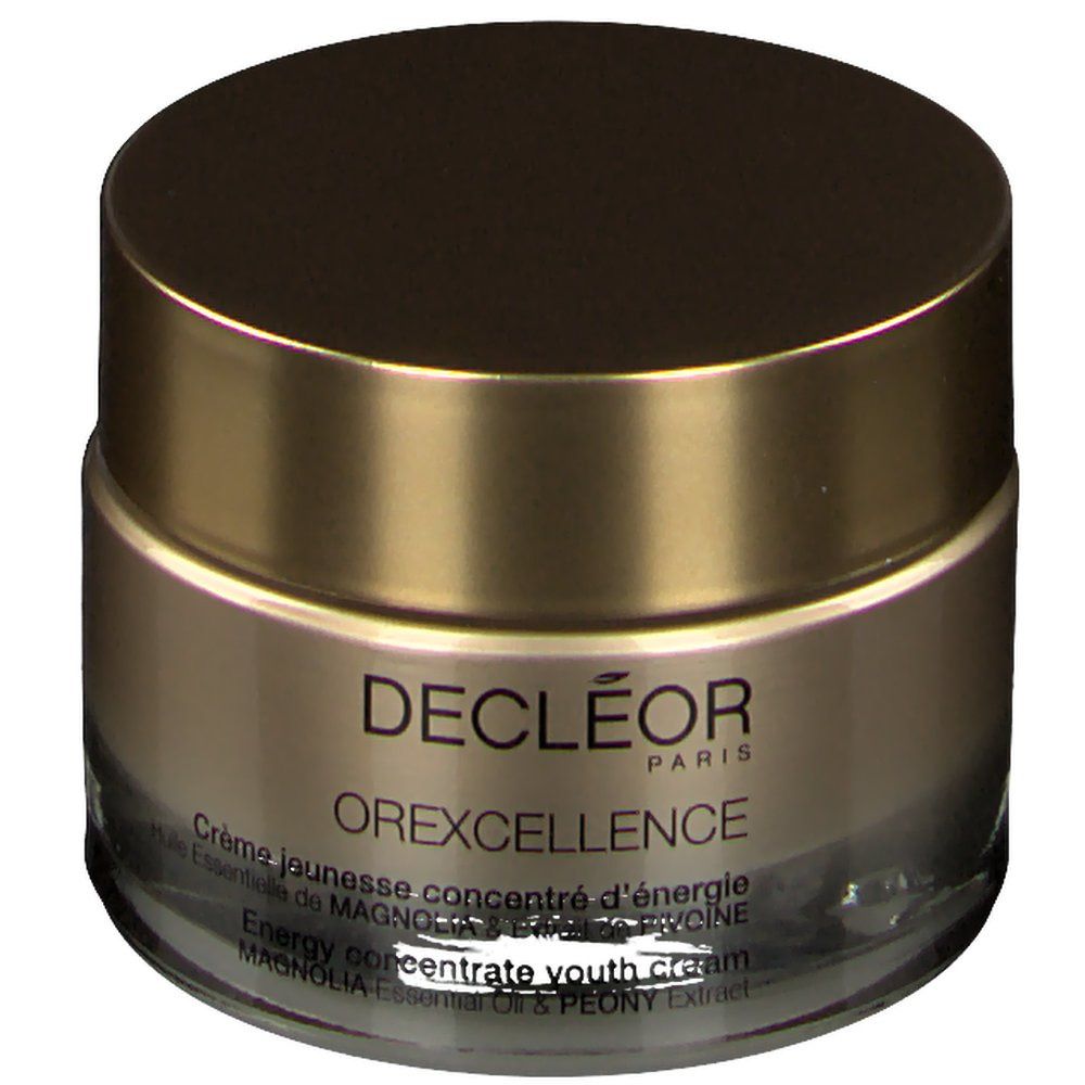 Pot de crème avec couvercle doré. Inscription : DECLÉOR PARIS, OREXCELLENCE. Texte : Crème jeunesse concentré d'énergie.