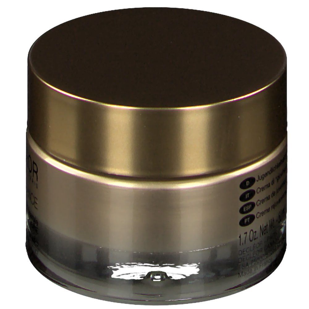 Pot de crème avec couvercle doré. Inscription : DECLÉOR. Texte : Crème de jeunesse concentré d'énergie. 1.7 Oz. Net Wt.