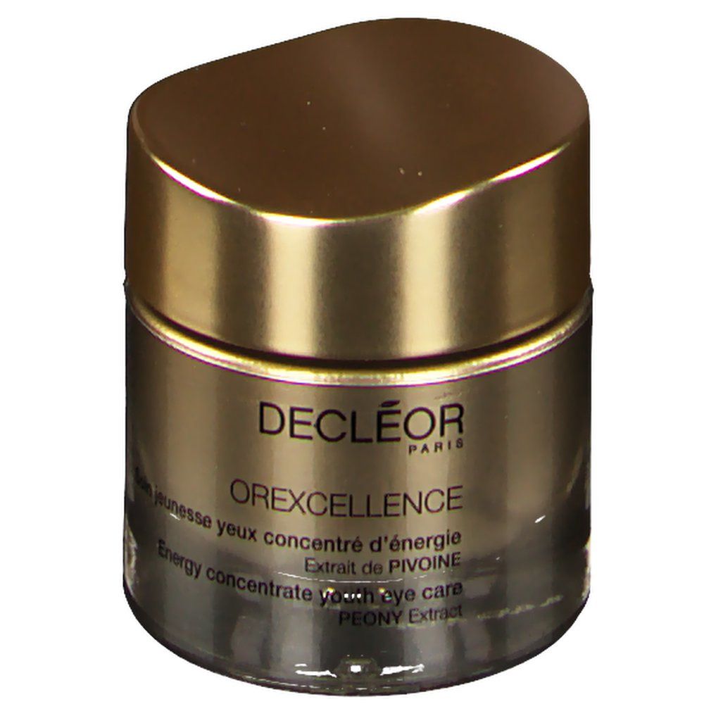 Pot doré avec couvercle. Inscription: DECLÉOR PARIS, OREXCELLENCE, concentré d'énergie pour les yeux. Extrait de PIVOINE.