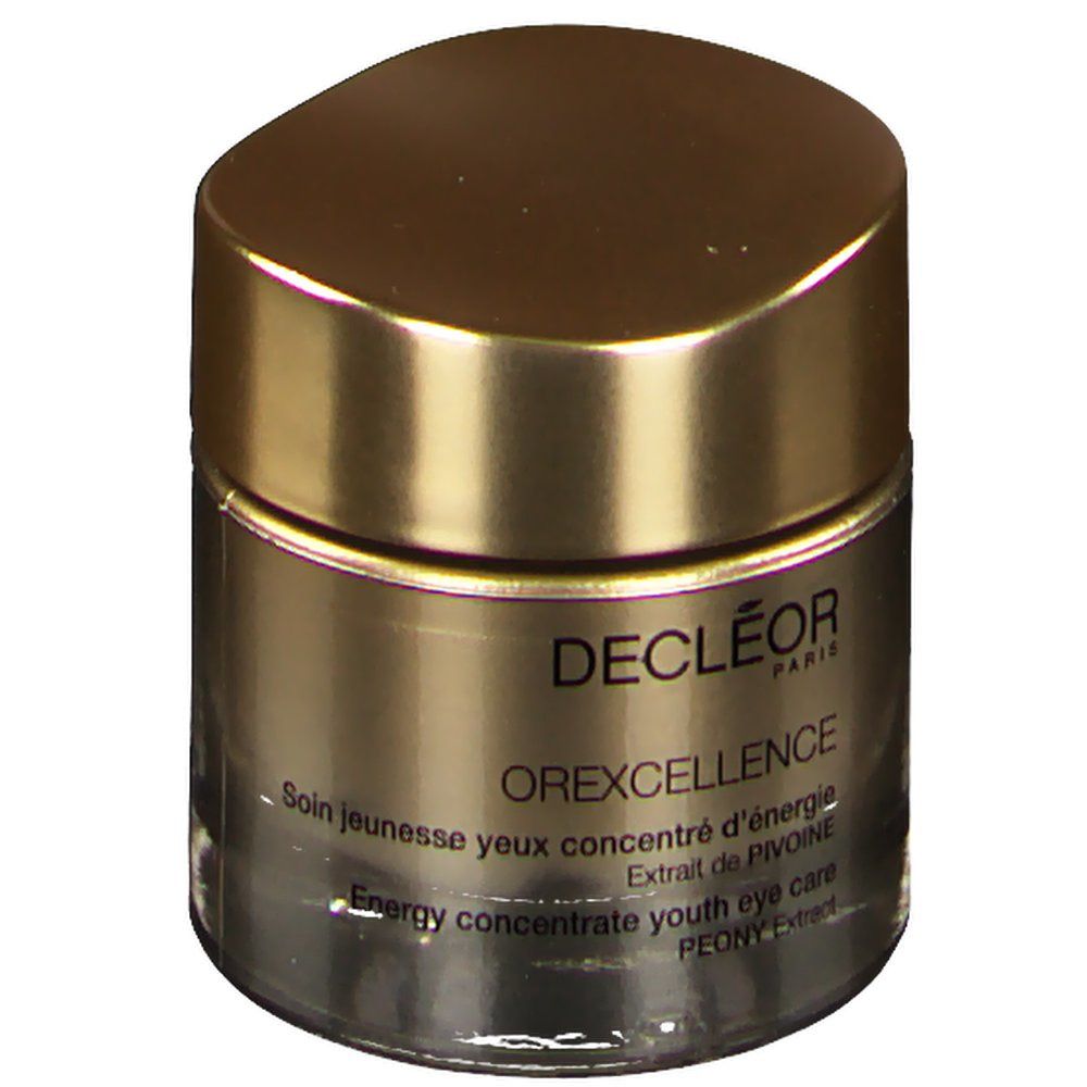 Pot doré avec couvercle. Inscription: DECLÉOR PARIS, OREXCELLENCE, concentré d'énergie pour les yeux. Extrait de PIVOINE.