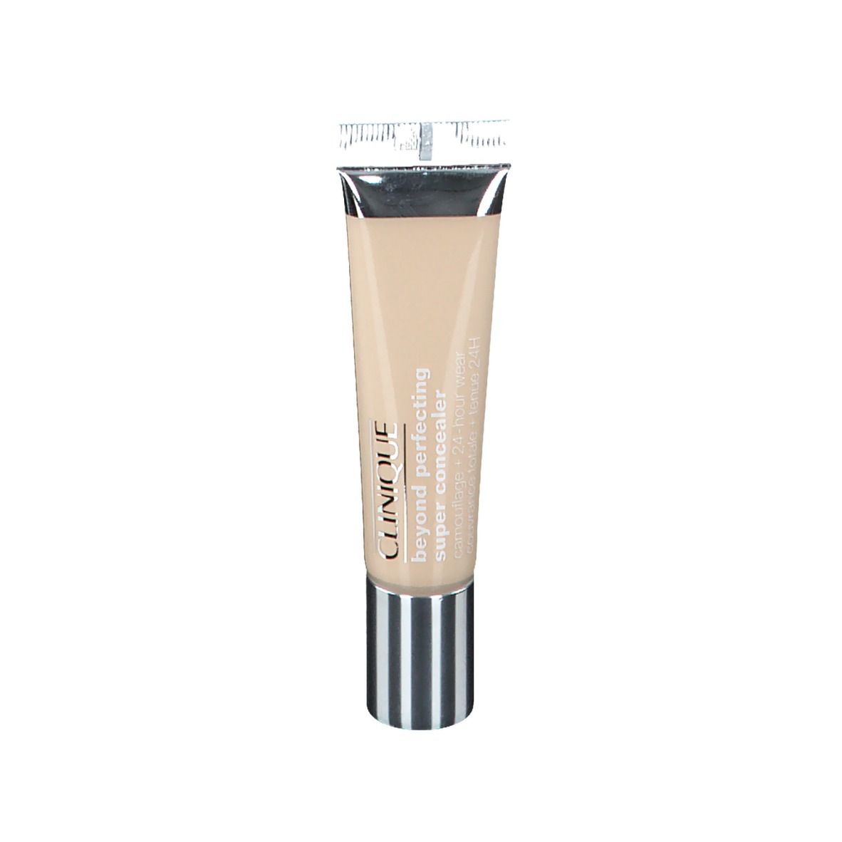 Concealer-Tube mit hellem Farbton. Silberne Kappe und Tube. Schriftzug CLINIQUE und Produktname.