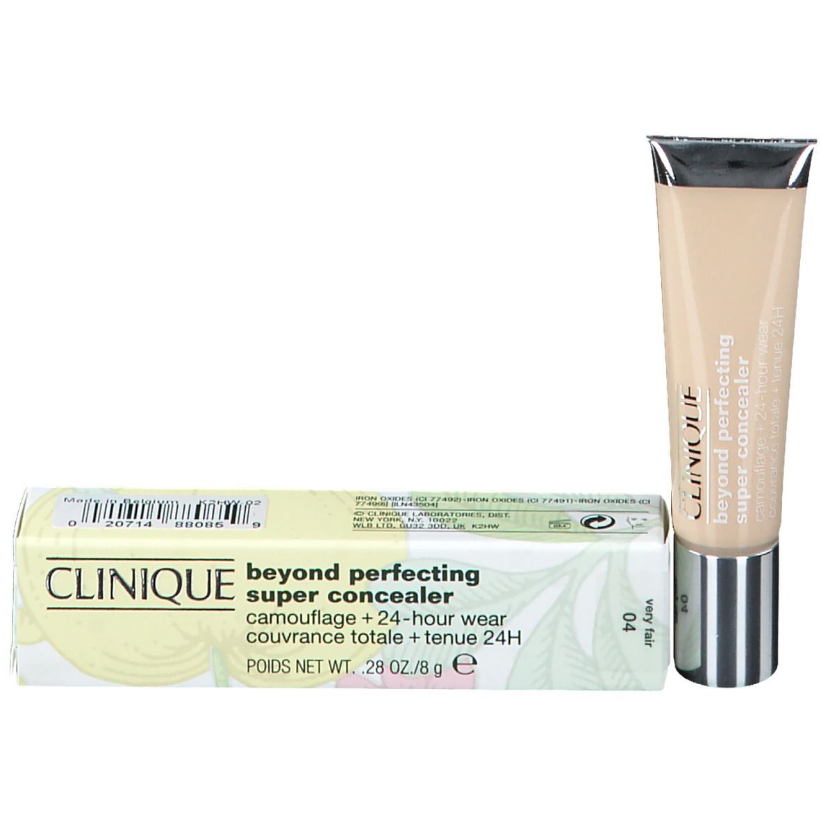 Concealer-Tube und Verpackung. Verpackung mit Produktnamen und Marke CLINIQUE. Farbton Very Fair.