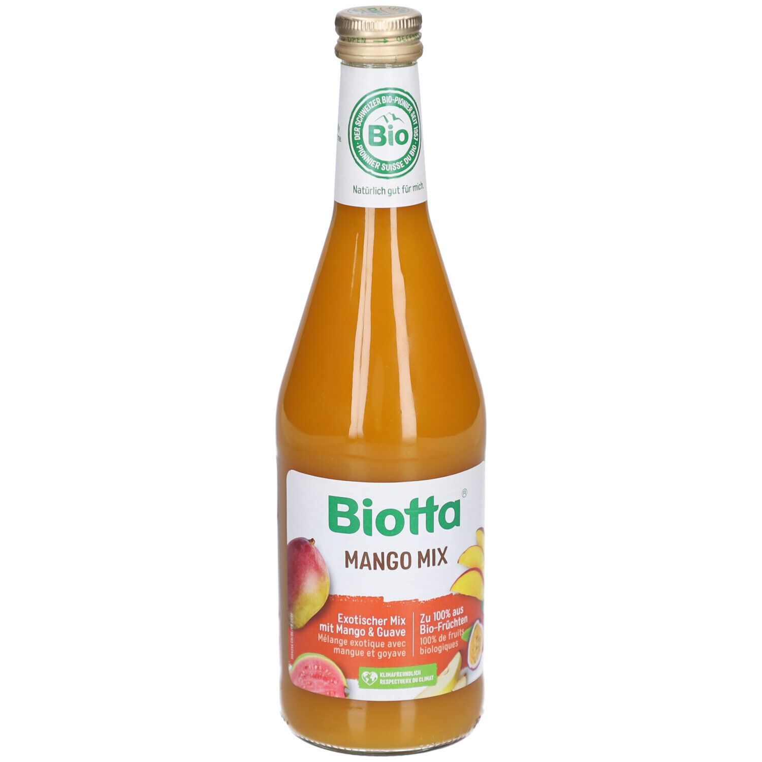 Glasflasche mit Mango Mix. Etikett mit Biotta, Mango- und Guaven-Abbildungen, Bio-Siegel.