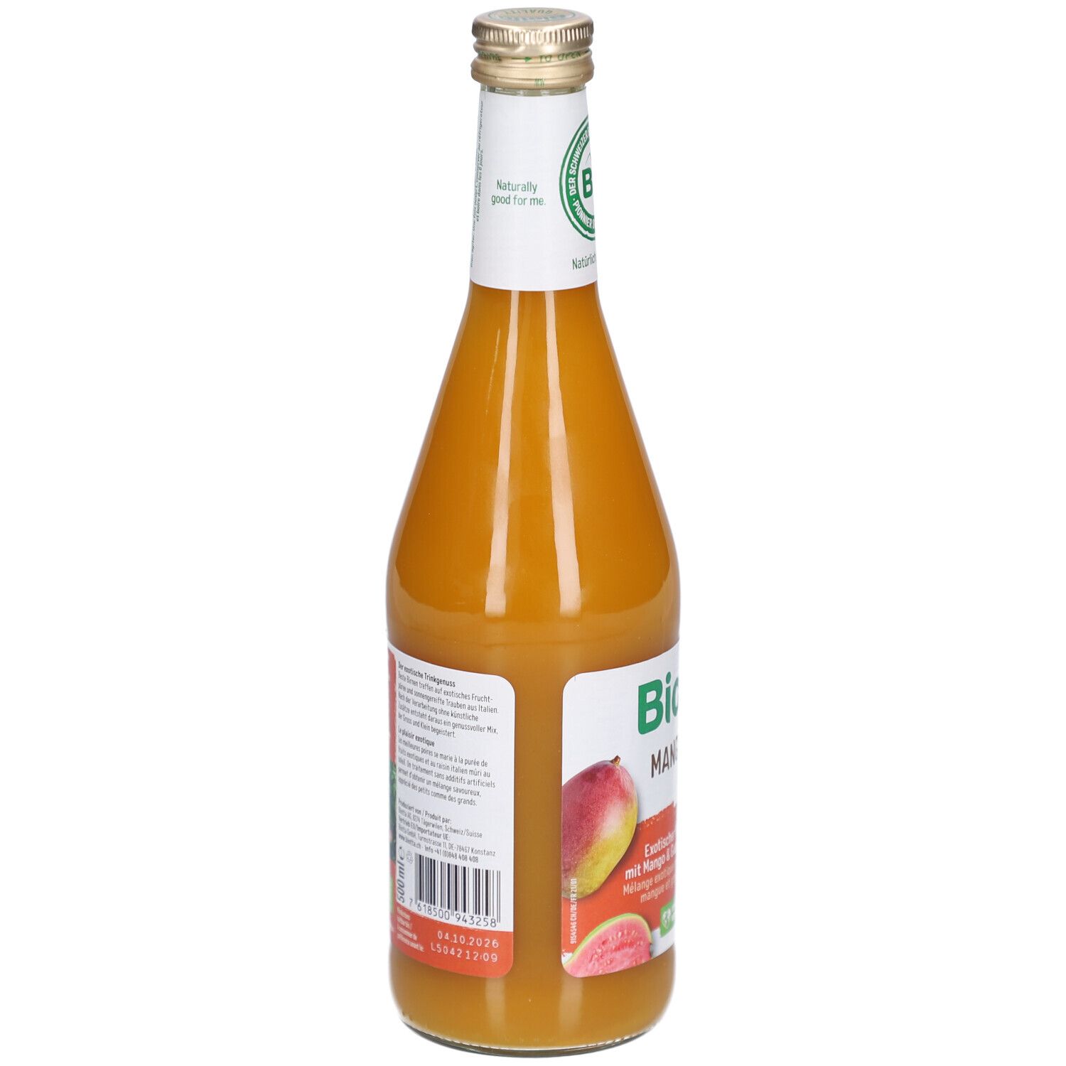 Rückansicht der Glasflasche mit Mango Mix. Etikett mit Produktinformationen und Barcode.