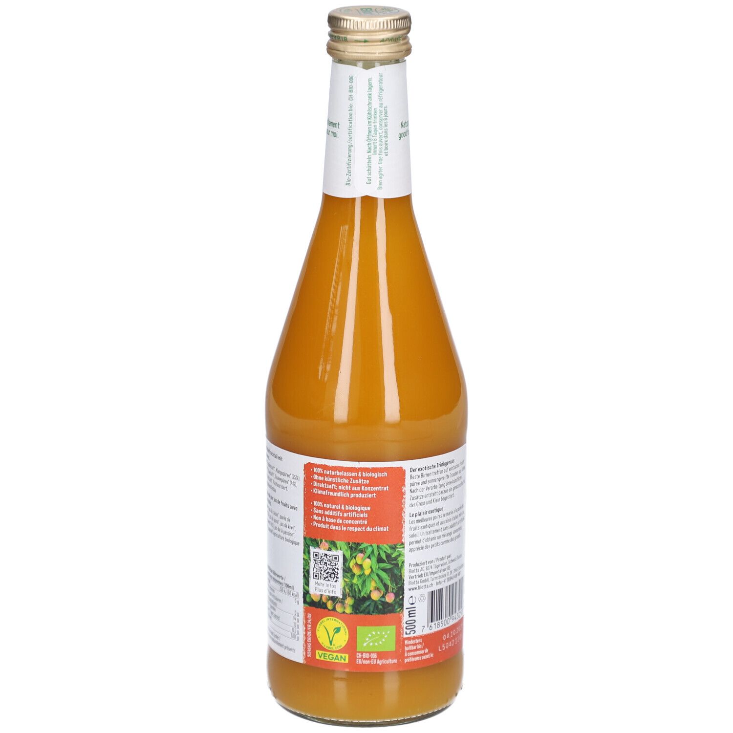 Rückansicht der Glasflasche mit Mango Mix. Etikett mit Produktinformationen, Bio-Siegel und Vegan-Logo.