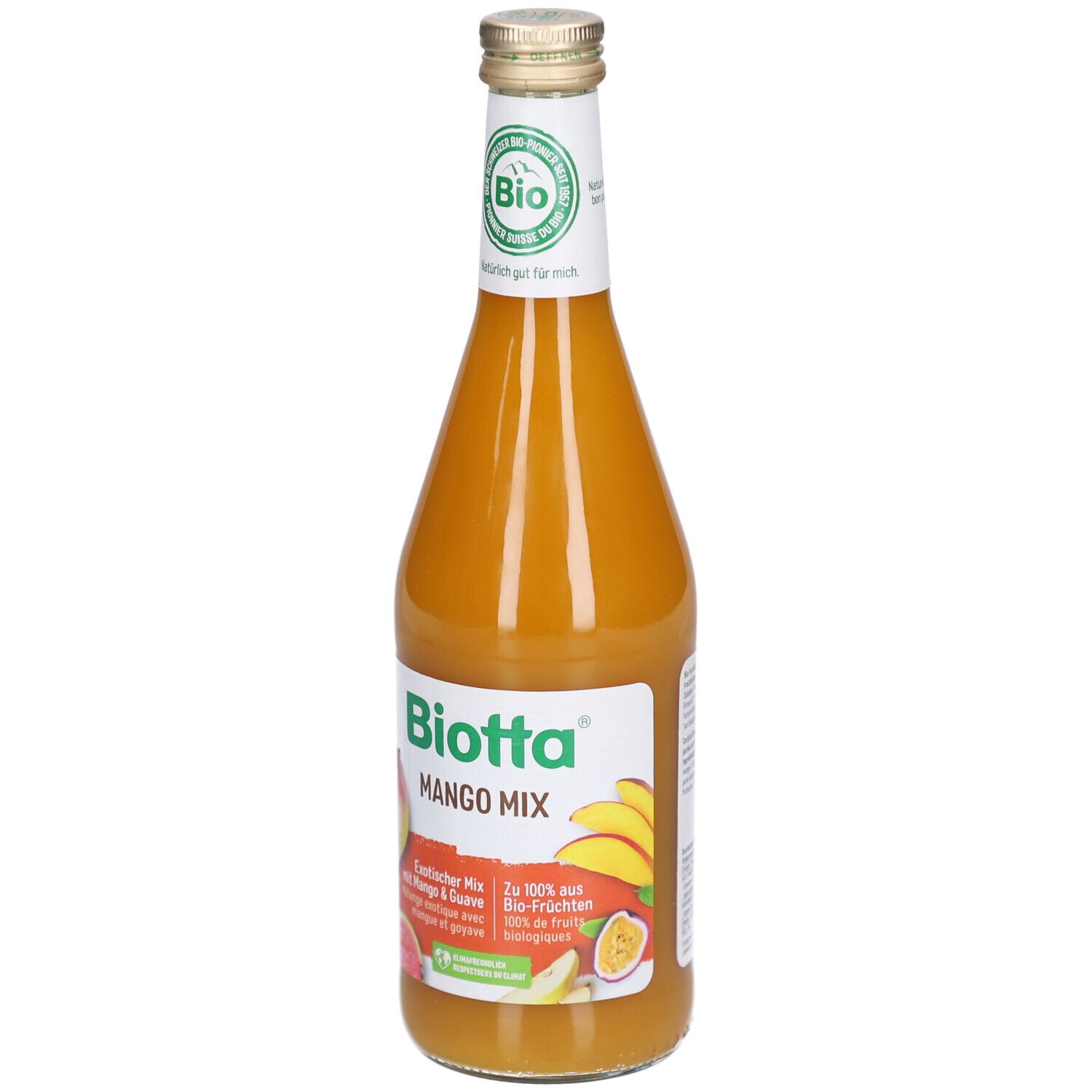 Glasflasche mit Mango Mix. Etikett mit Biotta, Mango- und Guaven-Abbildungen, Bio-Siegel.
