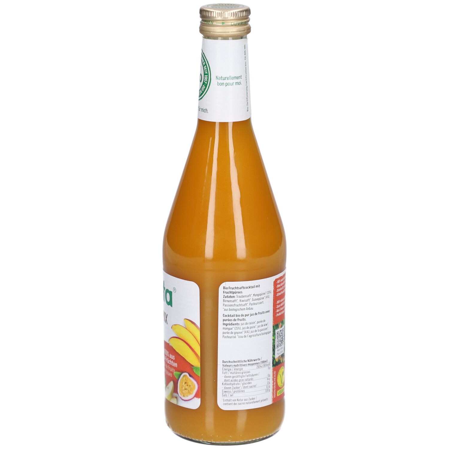 Glasflasche mit Mango Mix. Etikett mit Biotta, Mango- und Guaven-Abbildungen, Bio-Siegel.