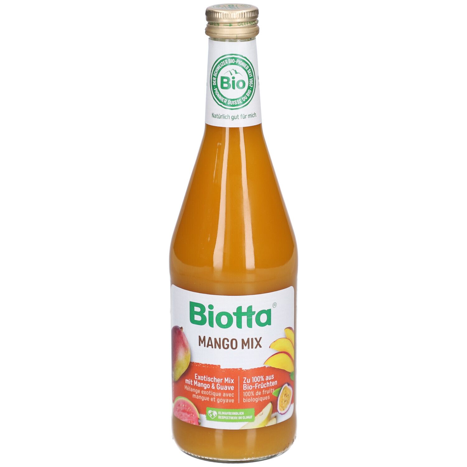 Glasflasche mit Mango Mix. Etikett mit Biotta, Mango- und Guaven-Abbildungen, Bio-Siegel.